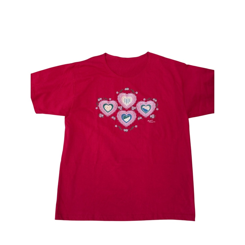 Womens Red Heart Applique T-Shirt Short‎ Sleeve Casual Top
